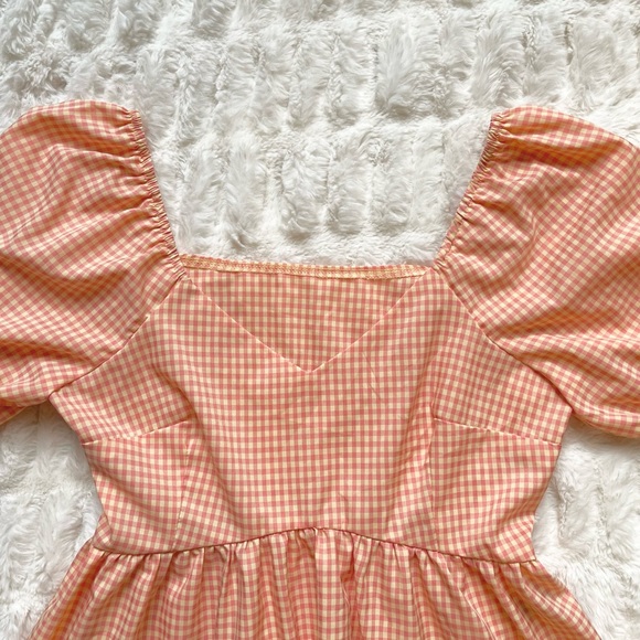 Shein Apricot Gingham Puff Sleeve Peplum Top - Picture 7 of 16